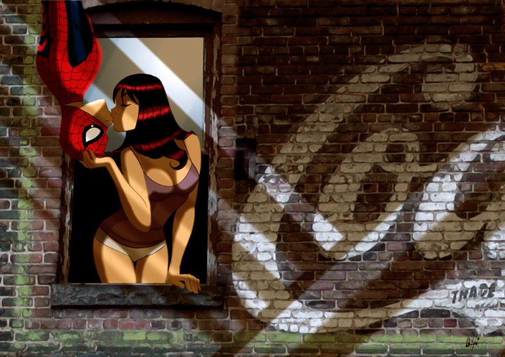 Spiderman Peter Parker con Mary Jane beso