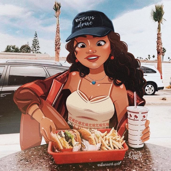 Moana comiendo hamburguesas