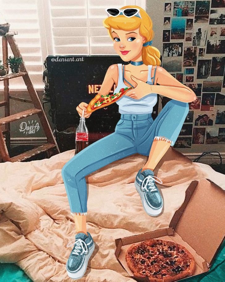 Cenicienta comiendo pizza
