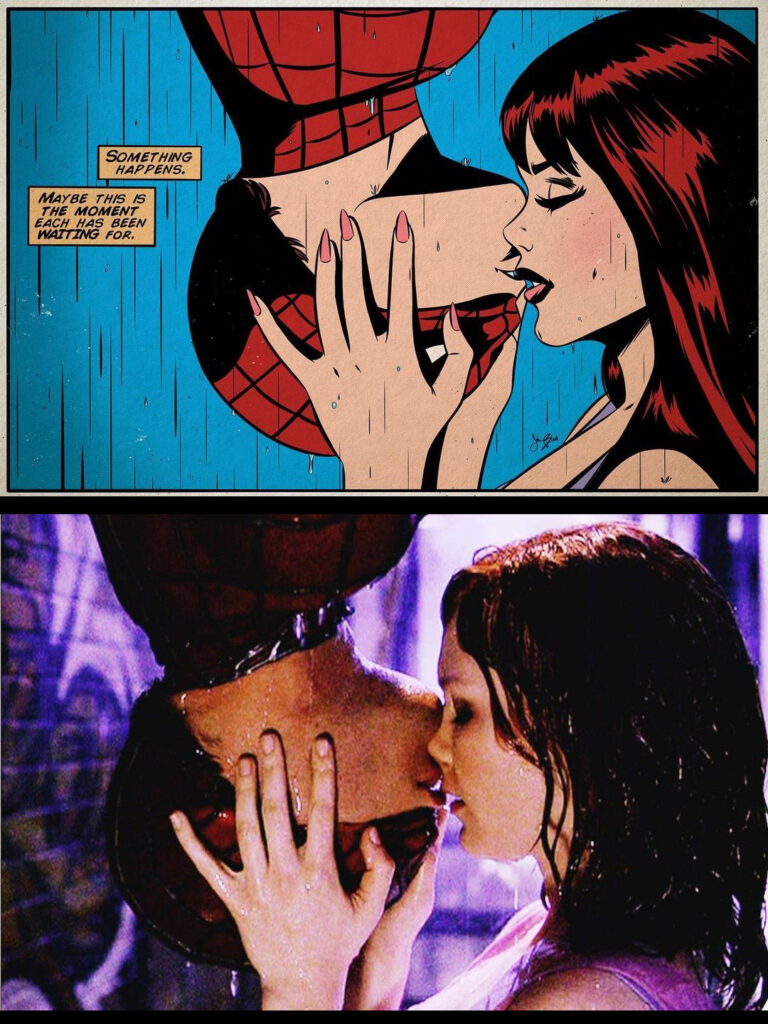 Spiderman y Mary Jane beso bajo la lluvia